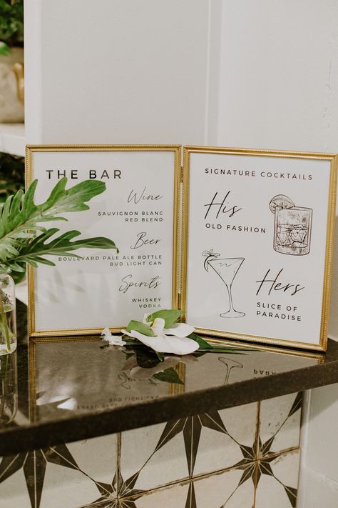 Boho Wedding Bar Sign, Wedding Drink Menu Sign Bar Ideas, Diy Sign Stand Wedding, Gold Framed Wedding Signs, Wedding Bar Menu Sign Diy, Wedding Drinks Menu Sign, Diy Bar Menu Sign, Wedding Signage Bar, Gold Frame Wedding Decor