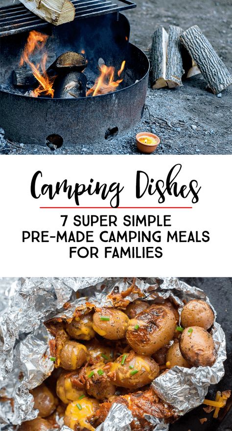 Here is a week's worth of pre-made, delicious, easy camping dishes that are family friendly! The kids will love this. #camping #campingmeals #familydinner *Great list of camping meals Pre Cooked Camping Meals, Pre Made Meals For Camping, Easy Pre Made Camping Meals, Pre Made Camping Meals, Premade Camping Meals, Family Camping Meals, Guy Food, Meals For Family, Campfire Meals