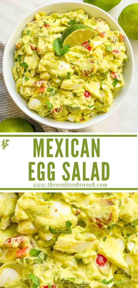 Fast and easy Avocado Egg Salad is a delicious light and healthy snack or lunch recipe! Creamy avocado and hard boiled eggs are mixed with Mexican flavors for a light meal. Vegetarian, keto low carb, gluten free, and vegan friendly. Mexican Egg Salad Recipe, Mexican Egg Salad, Egg Salad With Avocado, Mexican Egg, Meal Vegetarian, Avocado Egg Recipes, High Protein Lunch Ideas, Easy Hard Boiled Eggs, Homemade Guacamole Recipe