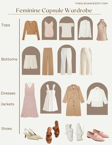 Your Dreamy Feminine Capsule Wardrobe (& Outfit Ideas) Feminine Outfits Classy, Classy Feminine Outfits, Modest Capsule Wardrobe, Feminine Capsule Wardrobe, Romantic Style Outfit, Dainty Outfit, Romantic Feminine Style, Soft Feminine Style, Classic Romantic Style