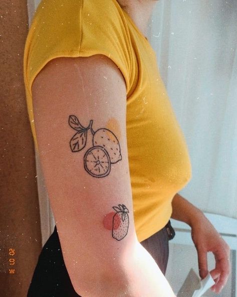 Strawberry And Lemon Tattoo, Forearm Tattoos Aesthetic, Produce Tattoo, Citrus Tattoo, Tattoo Designs Forearm, Tattoo Fruit, Strawberry Tattoos, Lemon Tattoo, Orange Tattoo