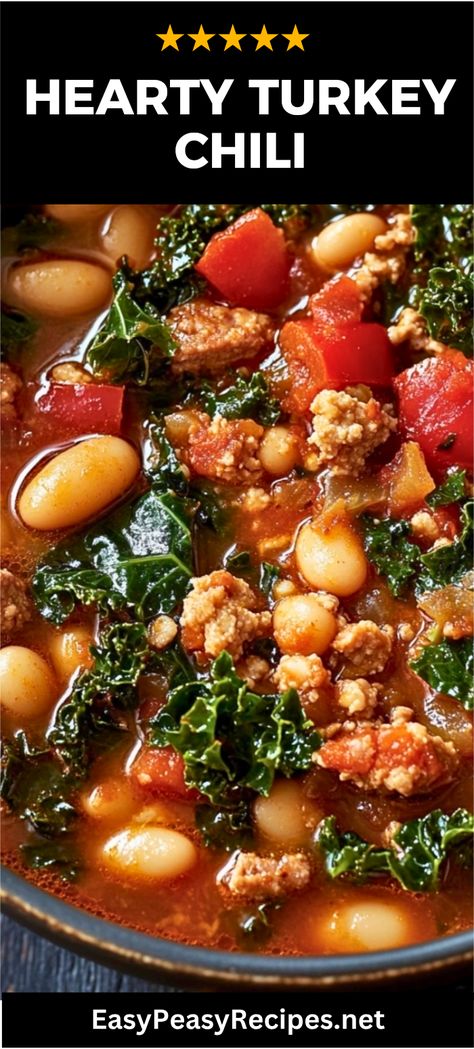 Craving a delicious meal that'll warm you up? Try this Hearty Spicy Turkey Sausage and Kale Chili! Packed with mouth-watering spices and nutritious ingredients, this chili combines juicy turkey sausage and fresh kale, creating a perfect comforting dish. It's an easy-to-make recipe perfect for busy weeknights or chilly weekends. If you're a fan of rich flavors and health-conscious eating, this spicy chili is for you. Whether it's served in a bowl or accompanied by cornbread, this dish is sure to impress your family and friends! Turkey Sausage Chili Recipe, Spicy Turkey Sausage And Kale Chili, Kale And Turkey Soup, Meals With Turkey Sausage, Spicy Ground Sausage Recipes, Smoked Turkey Sausage Recipes, Ground Turkey Sausage Recipes, Turkey Sausage Chili, Kale Chili