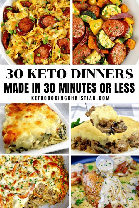 30 Keto Dinners Made in 30 Minutes or Less A collection of 30 Keto friendly dinners that can be made in 30 minutes or less, perfect for a busy weeknight or when you're short on time! #lowcarb30minutemeals #keto30minutemeals #ketoeasydinners #ketoweeknightmeals #lowcarbeasydinners Friday Night Keto Dinner Ideas, Keto Weeknight Meals, Keto Friendly Family Dinners, Keto Menus For Beginners, Lazy Keto Recipes Dinner, Clean Keto Dinner Recipes, 5 Ingredient Keto Recipes, Light Keto Dinner Recipes, Weeknight Keto Dinners