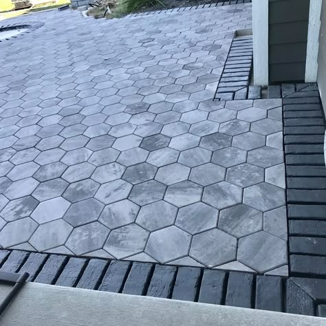 Hexagon Outdoor Pavers, Hexagon Pavers Patio, Octagon Pavers, Pavers Around House, Paver Designs Patterns, Hexagonal Pavers, Rowhouse Backyard, Hexagon Pavers, Paved Patio Ideas