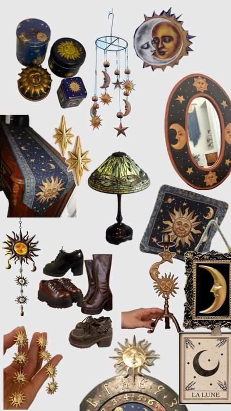 Inspired by witchy celestial Whimsigoth elements of the 90s, I created this collage of home decor to reflect that era. 90s Inspired Room, Celestial Whimsigoth, Inspired Room Decor, Celestial Room, Whimsigoth 90s, 90s Home Decor, 90s Home, Apartment Goals, Magical Creature