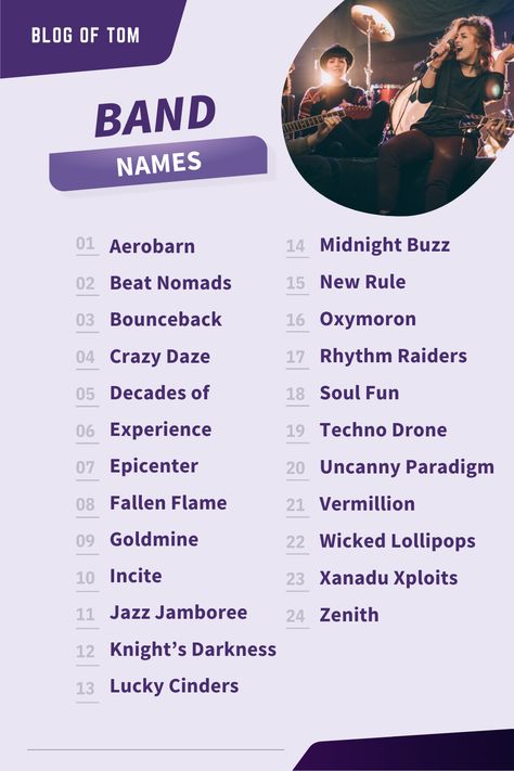 Looking for the perfect name for your band? Check out these band name ideas. From ‘Aerobarn’ to ‘Zenith’, there’s sure to be a name that resonates with your band’s vibe and music style. Save this list and get inspired! Concert Name Ideas, Band Ideas Name, Kpop Band Names Ideas, Music Channel Name Ideas, Cool Band Names, Rock Band Names Ideas, Music Band Names Ideas, Aesthetic Band Names, Band Names Ideas Indie