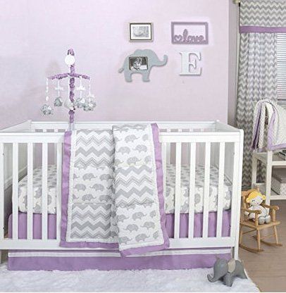 Gender neutral lavender purple and grey elephant theme baby nursery crib bedding set and wall decor. Purple Elephant Nursery, Elephant Baby Shower Theme Boy, Elephant Nursery Girl, Elephant Baby Rooms, Elephant Crib Bedding, Girl Nurseries, Baby Nursery Ideas, Boys Bedding Sets