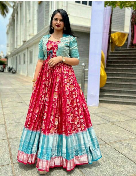 Back Neck Frock Design, Long Frock Designs From Saree, Saree Frock Designs For Women, Silk Saree Frock Design, Designer Long Frocks For Women, Long Frock Designs With Pattu Sarees, Saree Ka Dress Design, Long Frock With Pattu Saree, Saree To Dress Designs