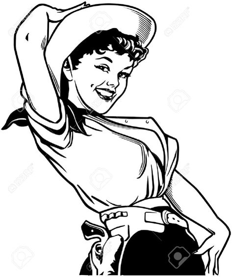 Cowgirl Vintage, Cute Cowgirl, Clip Art Vintage, Nose Art, Free Illustration, Vintage Pin Up, Warrior Girl, Black And White Illustration, Girls Illustration