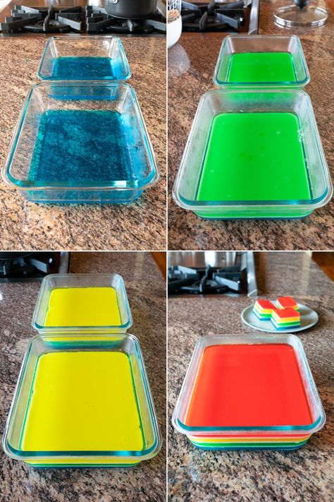 How To Layer Jello Colors, Rainbow Layered Jello, Rainbow Jello Cake, Jello Rainbow Layers, Jello Decoration Ideas, Jello Birthday Cake, Jello Cake Ideas, Jello Recipes For Kids, Layer Jello Recipe