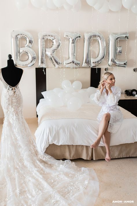 Look how stunning dress Jennifer chose for her wedding at Grand Velas Hotel, Riviera Maya, Mexico Bridal Suite Decor, Glamorous Wedding Dress, Bridal Room Decor, Bride To Be Decorations, Bride To Be Balloons, Brides Room, Magic Day, Bridal Bachelorette Party, Birdy Grey