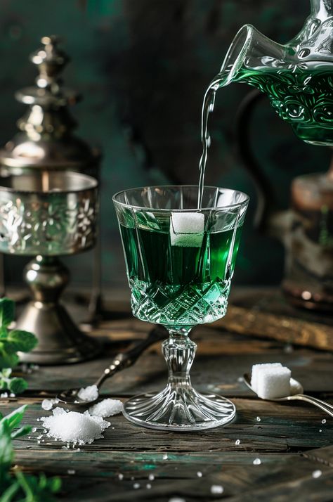 Explore the Absinthe Drip Recipe, where a timeless cocktail meets a contemporary flair. Perfect for those who appreciate a blend of tradition and innovation in their drinks. Absinthe Cocktail Recipes, Decanter Display, Green Cocktails, Absinthe Cocktail, Display Photography, Classic Cocktail Recipes, Cocktail Ideas, Halloween Cocktails, Classic Cocktail