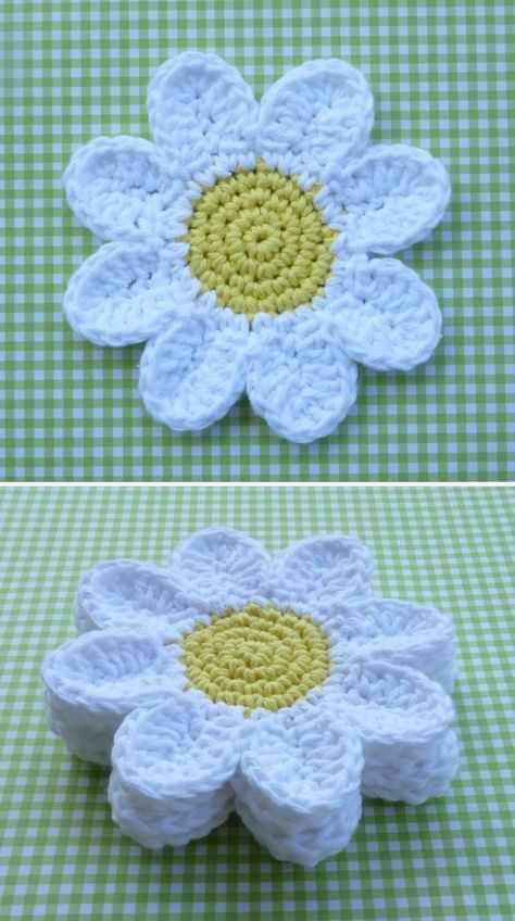 Free Crochet Coasters Patterns for Beginners- Pattern Center Free Crochet Coasters, Crochet Coasters Free Pattern, Crocheted Flower, Crochet Coaster Pattern, Crochet Daisy, Granny Squares Pattern, Pattern Ideas, Crochet Flower Patterns, Crochet Applique