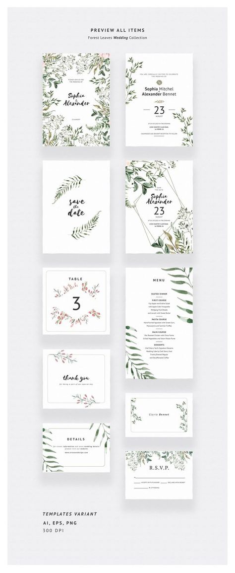 Modern Floral Wedding Invitations in 2019 | Download Now Wedding Invitations Front And Back, Modern Floral Wedding Invitations, Forest Invitation, Forest Leaves, Wedding Invitations Leaves, Village Wedding, Wild Grasses, Wedding Details Card, Watercolor Floral Wedding Invitations