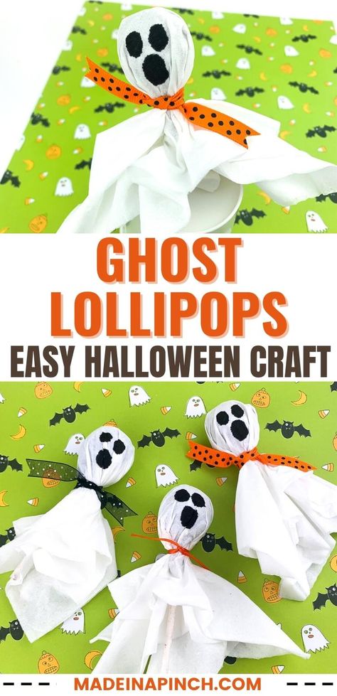 Halloween Sucker Ghosts, Sucker Ghost Craft, Ghost Sucker Craft, Ghost Pom Pom Poppers, Ghost Suckers Halloween, Sucker Ghosts, Lollipop Ghost, Ghost Suckers, Lollipop Ghosts