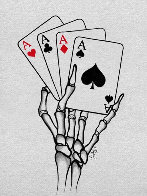 Skull Cards Tattoo, Skeleton Card Tattoo, Skeleton Hand Holding Cards Tattoo, Playing Card Drawing Ideas, Poker Cards Tattoo, Skeleton Hand Holding Cards, Poker Tattoos, Hand Holding Card, Poker Tattoo