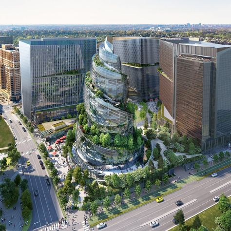 The spiral-shaped glass tower designed by architecture firm NBBJ for online retailer Amazon's second headquarters has been given the go-ahead to be built in Arlington, Virginia. Casa Cook Hotel, Solar Farm, Tower Of Babel, Frank Gehry, Central Business District, Business District, Architecture Firm, Office Building, Outdoor Hiking