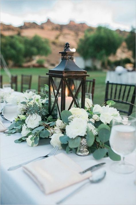 outdoor lantern wedding centerpiece / http://www.himisspuff.com/100-unique-and-romantic-lantern-wedding-ideas/8/ Green Wedding Centerpieces, Beach Table Decorations, Summer Wedding Centerpieces, Greenery Wedding Centerpieces, Garden Wedding Centerpieces, Lantern Decor Wedding, Lantern Centerpiece Wedding, Rustic Wedding Decorations, Lantern Centerpieces