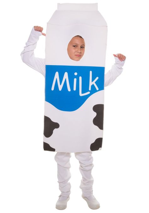 Pin for Later: 15 Tasty Food Costumes For Kids Milk Now when someone asks if you've got milk ($29), your child can say yes. Milk Costume, Milk Bottle Diy, Cookie Costume, Kids Milk, Cow Costume, Duo Costumes, Best Friend Halloween Costumes, Food Costumes, Duo Halloween Costumes