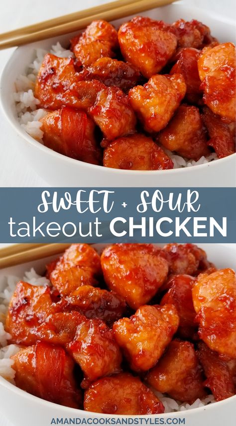 Amazing Sweet & Sour Chicken – Takeout style Chinese chicken recipe made with crispy chicken and caramelized onions in a delicious sweet and sour sauce. Sweat And Sour Chicken, Sweet And Sour Cauliflower, Sweet N Sour Sauce Recipe, Sour Chicken Recipe, Homemade Chinese Food, Chinese Chicken Recipes, Sweet And Sour Chicken, Sour Foods, Sweet Sour Chicken