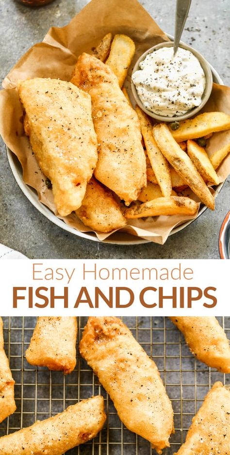 This easy Fish and Chips recipe is perfectly crispy on the outside and tender and flakey on the inside. It's definitely a crowd pleaser. via @betrfromscratch Fish And Chips Recipe Baked, Mahi Mahi Fish And Chips, Easy Fish And Chips Recipe, Baked Fish And Chips, Fresh Fries, Homemade Fish And Chips, Fish And Chips Recipe, Chips Recipes, Traditional Fish And Chips