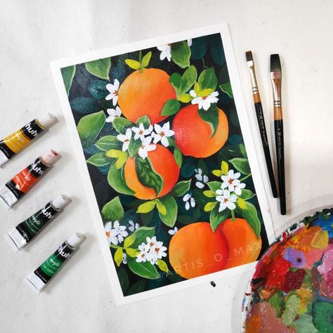 Orange Gouache Painting, Picnic Painting Ideas, Room Paintings Ideas, Kitchen Canvas Art, Art Gouache, Orange Painting, Gouache Paint, Oil Pastel Paintings, Painting References