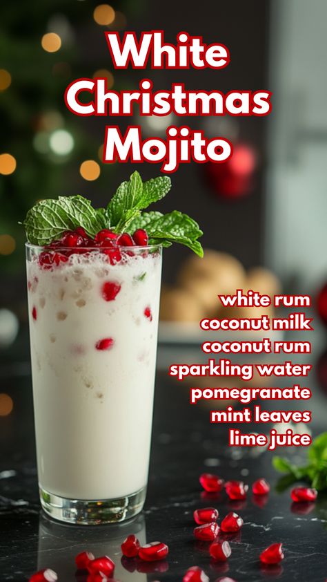 Dreaming of a white Christmas? This festive White Christmas Mojito brings holiday vibes with creamy coconut, refreshing mint, and a hint of lime. It’s the perfect holiday cocktail to brighten up any gathering, with pomegranate arils for a touch of seasonal color and sparkle.  #whitechristmasmojito #christmascocktails #christmasdrinks via @mybartender Holiday Pina Colada, Christmas Cranberry Mojito, White Christmas Mojitos, Coconut Holiday Drink, Christmas Mojito Mocktail, White Christmas Mocktail, Coconut Christmas Mojito, Coconut Christmas Drink, White Christmas Punch With Alcohol