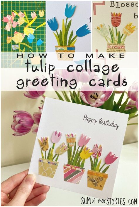 How to Make Tulip Collage Greeting Cards — Sum of their Stories Craft Blog Tulip Collage, Tulip Cards, Bff Party, Tulips Card, Fabric Cards, Collage Techniques, Library Programs, Spring Tulips, Craft Blog