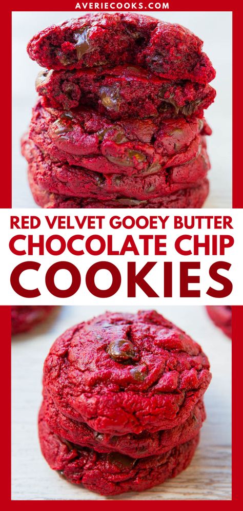 Chocolate Chip Red Velvet Cake Mix Cookes - Averie Cooks Red Velvet Chocolate Chip Cookies, Red Velvet Cake Mix Cookies, Xmas Cookies Recipes, Red Desserts, Gooey Butter Cookies, Velvet Cookies, Red Velvet Cake Mix, Red Velvet Cookies, Valentines Day Desserts