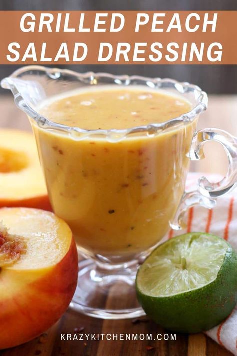 Grilled Peach Salad Dressing is sweet and tangy. It's made with orange juice, lime juice, honey, and of course grilled peaches. Peach Dressing, Peach Salad Dressing, E2m Recipes, Fruit Dressing, Spinach Salad With Chicken, Grilled Peach Salad, Dressing Salad, Peach Jelly, Side Salads