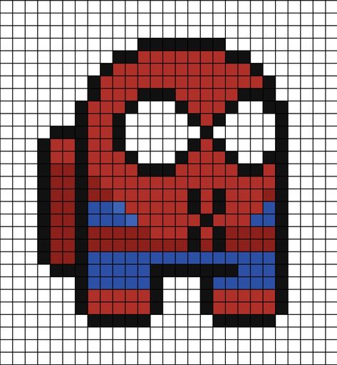 A pixel art template of an Among Us impostor themed as Spider-Man (light red and blue suit, black spider). Character Pixel Art, Spiderman Pixel Art, Marvel Cross Stitch, Pixel Art Minecraft, Hama Art, Modele Pixel Art, Graph Paper Drawings, Easy Pixel Art, Pixel Art Templates