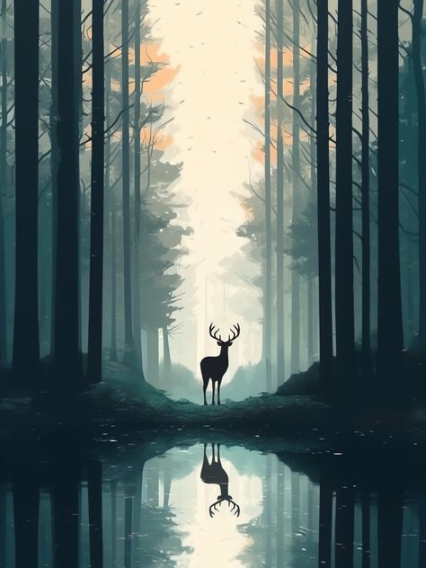 Deer In Woods Drawing, Deer Forest Painting, Deer In The Woods Painting, Forest And Animals Drawing, Deer Landscape Painting, Silowets Art, Silhoutte Ideas Art Nature, Forest Aesthetic Drawing, Forest Drawing With Animals