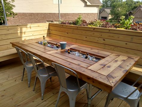 Diy Outdoor Dining Table With Cooler, Patio Table With Built In Cooler, Built In Deck Table, Built In Cooler Outdoor, Outdoor Kitchen With Table, Deck With Seating Built Ins, Built In Deck Bench Seating, Outdoor Table With Cooler, Built In Patio Seating