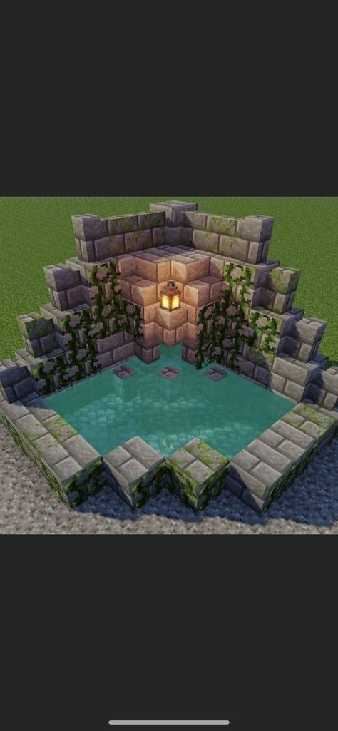 Water Fountain Minecraft, Minecraft Pool Ideas, Minecraft Cherry Blossom House, Minecraft Pool, Minecraft Village Ideas, Pfp Minecraft, Cherry Blossom House, Minecraft Fountain, Minecraft Pfp