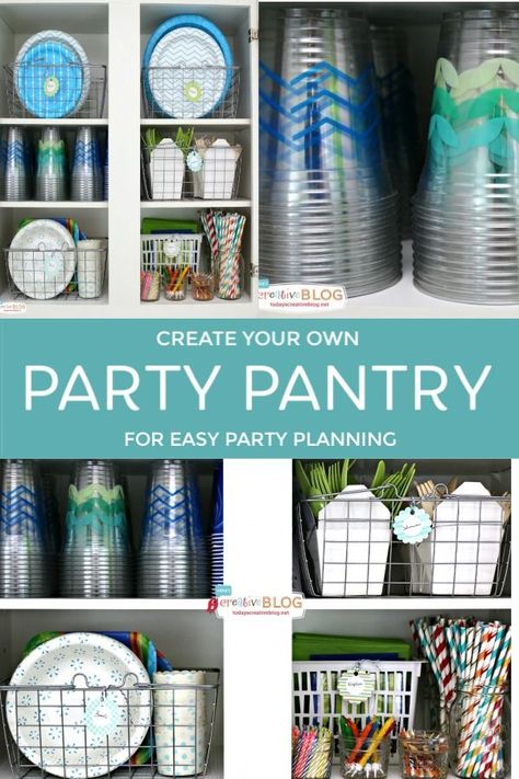 Create your own party pantry with party supplies. Stock up on paper plates, napkins plastic silverware, birthday cake candles, paper straws and more! Be ready to celebrate for any event anytime!  Organizing party supplies | Organized paper supplies | BBQ picnic supplies.  Find more details on TodaysCreativeLife. Just click the photo. Organizing Party Supplies Ideas, Plastic Forks And Spoons Organizer, Storing Party Supplies, Organizing Paper Plates And Napkins, Organize Paper Plates And Cups, Organizing Event Supplies, Organizing Plastic Utensils, Paper Plates Organization, Paper Plate Organization