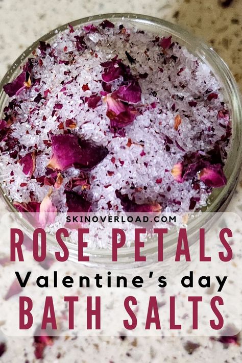 DIY Rose Petals Bath Salts Recipe Diy Bath Salts With Flowers, Diy Rose Petals, Rose Bath Salts Diy, Bath Salts Diy Recipes, Rose Petal Bath Salts, Homemade Bath Salts, Salt Scrub Diy, Floral Bath Salts, Rose Bath Salts