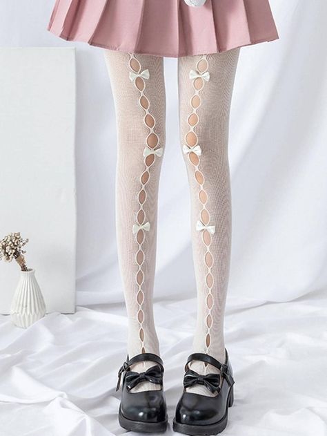 1pair Women Cut Out Bow Decor Fashion Fishnet Tights For Party | SHEIN USA White Fishnet Stockings, Bow Tights, Bow Fishing, Mesh Stockings, White Fishnets, Aged Clothing, Net Stockings, Holiday Dresses Women, White Tights