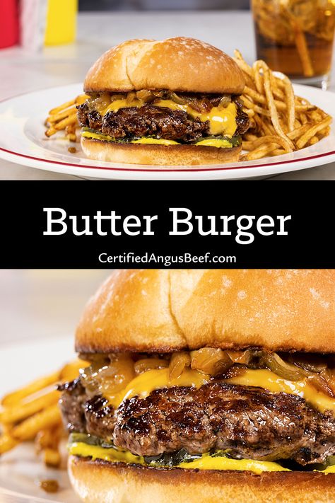 Butter burgers are a Midwestern delicacy. This decadent cheeseburger is delicious, and a little pickle and sauteed onion round out the flavor. Big Burgers Cheeseburgers, Smashed Butter Burgers, Crazy Burgers Ideas, Best Homemade Burgers Patties Recipe, Butter Burgers On The Grill, Sauteed Onions For Burgers, Cheese Burgers Recipes, Best Burger Toppings, Tavern Burger Recipe