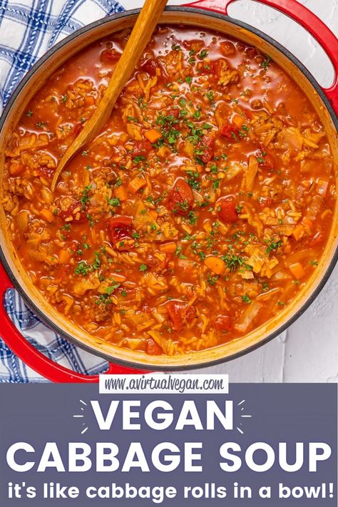 Cozy, comforting and super delicious Vegan Cabbage Soup. It's like cabbage rolls in a bowl & is budget-friendly, easy to make & freezes well. Lentil Soup Aip, Vegan Cabbage Soup Recipe, Vegan Cabbage Soup, Vegan Cabbage Recipes, Vegan Stews, Vegetarian Cabbage Rolls, Vegetarian Cabbage Soup, Vegan Cabbage Rolls, Vegan Cabbage