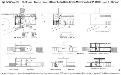 Elevation House Drawing, House Plates Architecture Drawing, House Section Drawing, Farnsworth House Detail, Gropius House Plan, Walter Gropius Architecture, Gropius House, Farnsworth House Plan Dimensions, Bauhaus Architecture