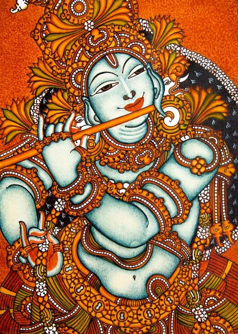 KRISHNA - Kerala Mural Painting - Learn Murals Indian God Painting, God Painting, Mythology Paintings, Pichwai Painting, Mural Paintings, Ancient Drawings, India Painting, Classical Mythology, Kerala Mural Painting