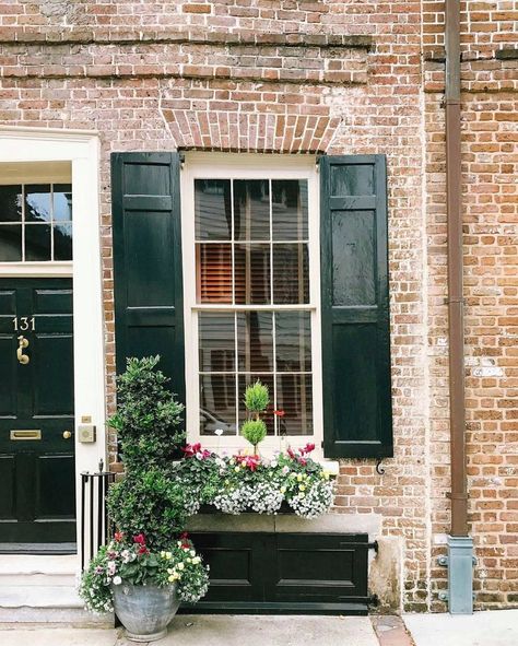 I have always liked this dark green that looks almost black but have never used it because it is so very popular in my area and I always ... Shutters Brick House, Green Front Door, Shutter Colors, Green Shutters, Green Front Doors, House Shutters, Brown Brick, Red Brick House, Exterior Paint Color