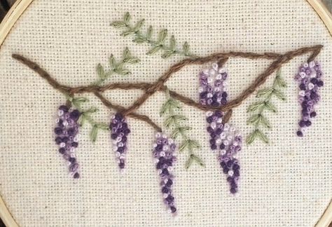 Wisteria Embroidery Pattern, Wisteria Embroidery, Embroidery Sweater Diy, Embroidery Samples, French Knot Embroidery, Simple Hand Embroidery Patterns, Embroidered Handkerchief, Hand Embroidery Videos, Handmade Embroidery Designs