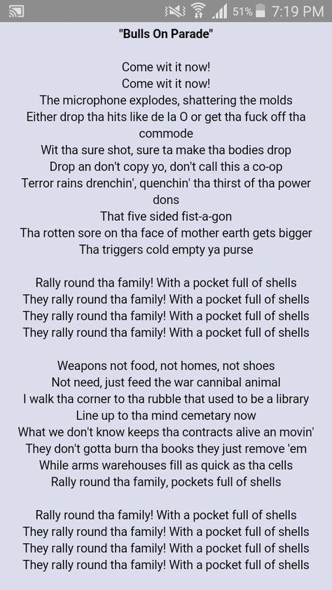 Rage Against The Machine - Bulls on Parade  I LOVE this song it's so Badass!!! 😝😁👌❤️🎶🎸 Road Rage Quotes, Bulls In The Bronx Lyrics, Rage Music, Break Stuff Limp Bizkit Lyrics, Pearl Jam Lyrics, Bulls On Parade, Metal Songs, Rage Against The Machine, Rock Songs