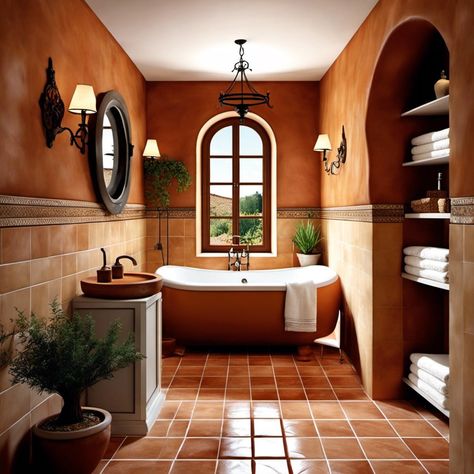 Terracotta tiles. Escape into the rustic charm of a Tuscan-style bathroom because detailed aesthetics and calming color palettes blend to create an exquisite, relaxing space. Italian Color Palette Tuscan Style, Tuscan Tile Bathroom, Italian Villa Bathroom, Italian Bathroom Tuscan Style, Saltillo Tile Bathroom, Tan Tile Bathroom Ideas, Tan Tile Bathroom, Tuscan Bathroom Ideas, Spanish Tile Bathroom