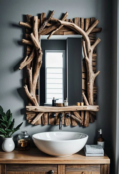 27 Unbelievable Boho Bathroom Inspirations for Your Home Makeover - Drop By My Home Boho Bathroom Mirror, Pebble Stone Flooring, Boho Mirror, African Inspired Decor, Driftwood Mirror, Basket Wall Art, Mountain Cottage, Stone Bathroom, Wine Crate