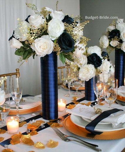 Navy Wedding Centerpieces, Navy Blue And Gold Wedding, Gold Centerpiece, Gala Decorations, Navy Party, Tall Centerpiece, Blue Wedding Decorations, Blue Centerpieces, 18th Anniversary