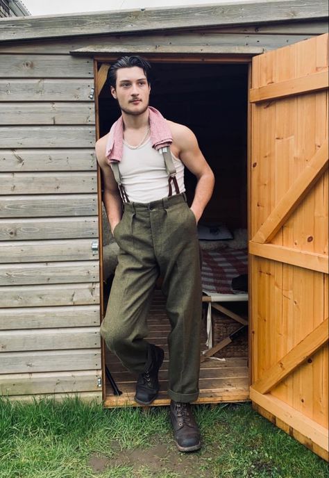 Farming Outfits Men, Outfit With Suspenders Men, Men's Cottagecore Fashion, Farm Clothes Men, Gardening Outfit Men, Farmer Fashion Men, Male Gardener Aesthetic, Gardener Outfit Men, Wifebeater Outfit Aesthetic Men