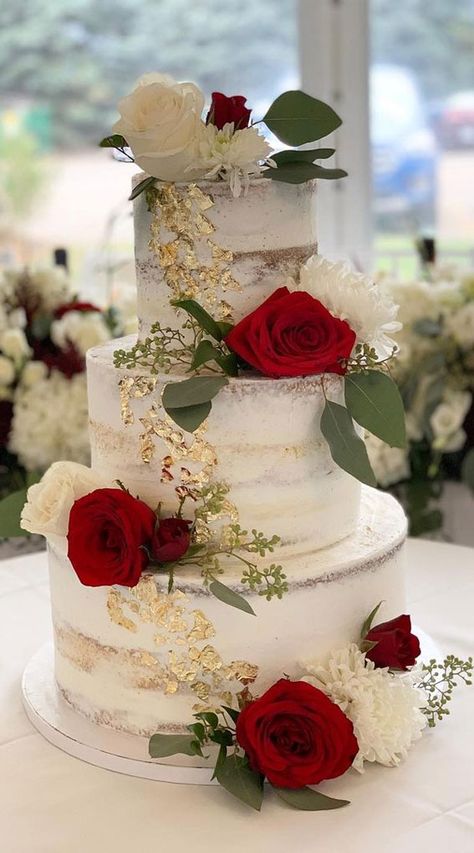 Red Rose Wedding Cake 2 Tier, White Red And Gold Cake, Wedding Cakes With Roses, Wedding Cake With Red Flowers, Trending Wedding Cakes, Cakes With Roses, Red And White Wedding Cake, Wedding Cake With Red Roses, Simple Wedding Cakes