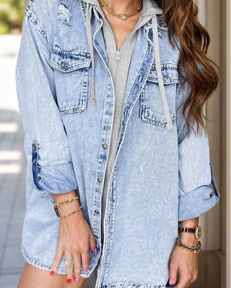 😍 Distressed Button Denim Jacket 😍 Starting at $57.99 USD Detail • Long Length • Hood • No Stretch • Standard Thickness • Fits true to size 👉 Find the link in our bio Jean Jacket Design, Oversized Hooded Jacket, Patchwork Denim Jacket, Denim Washes, Jacket Making, Long Sleeve Denim Jacket, Hooded Denim Jacket, Trendy Jackets, Trendy Jeans